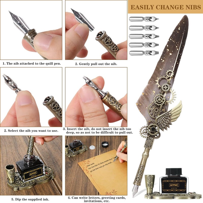 AIYNC Feather Pen Ink Set With Quill Pen, Notebook, 5 Replaceable Nibs, Seal Stamp, Spoon, Wax Beads, White Wax, Ink, Holder Cup, Envelope, Letter Paper, Envelope Tool(grey) - Image 3